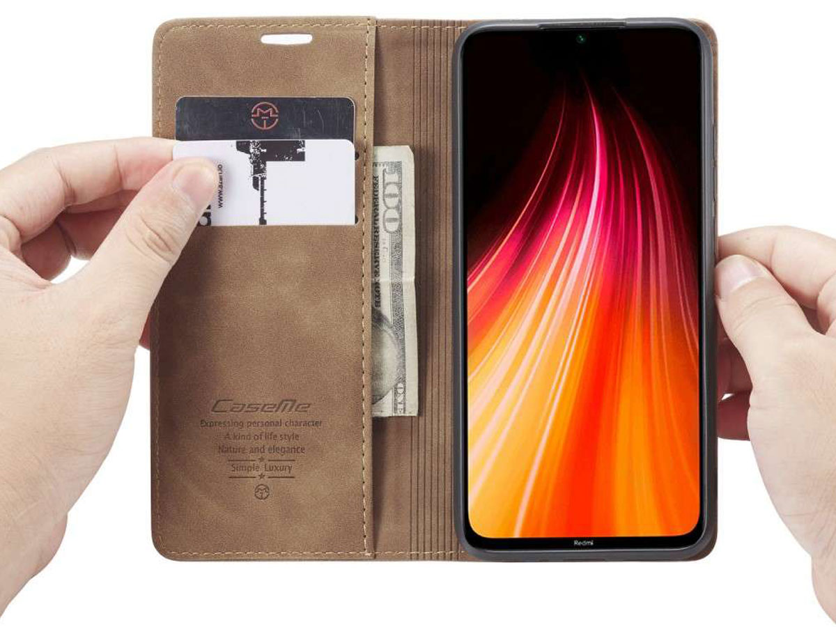 CaseMe Vintage BookCase Tan - Xiaomi Redmi Note 8 hoesje