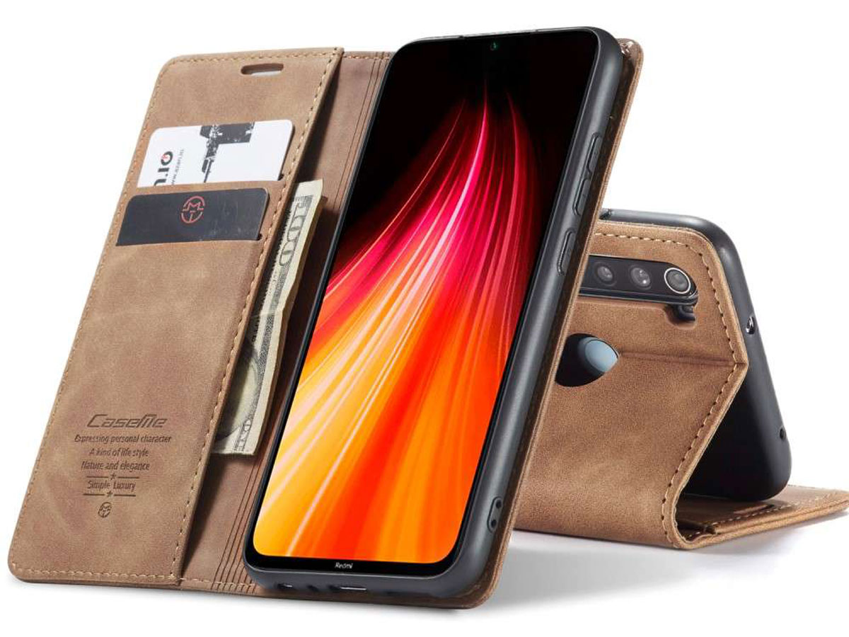 CaseMe Vintage BookCase Tan - Xiaomi Redmi Note 8 hoesje