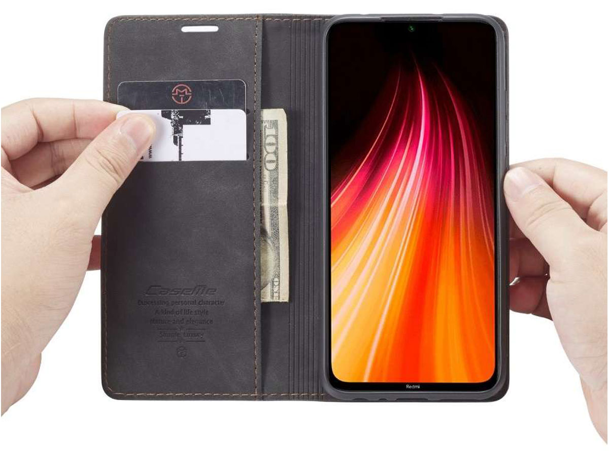 CaseMe Vintage BookCase Zwart - Xiaomi Redmi Note 8 hoesje