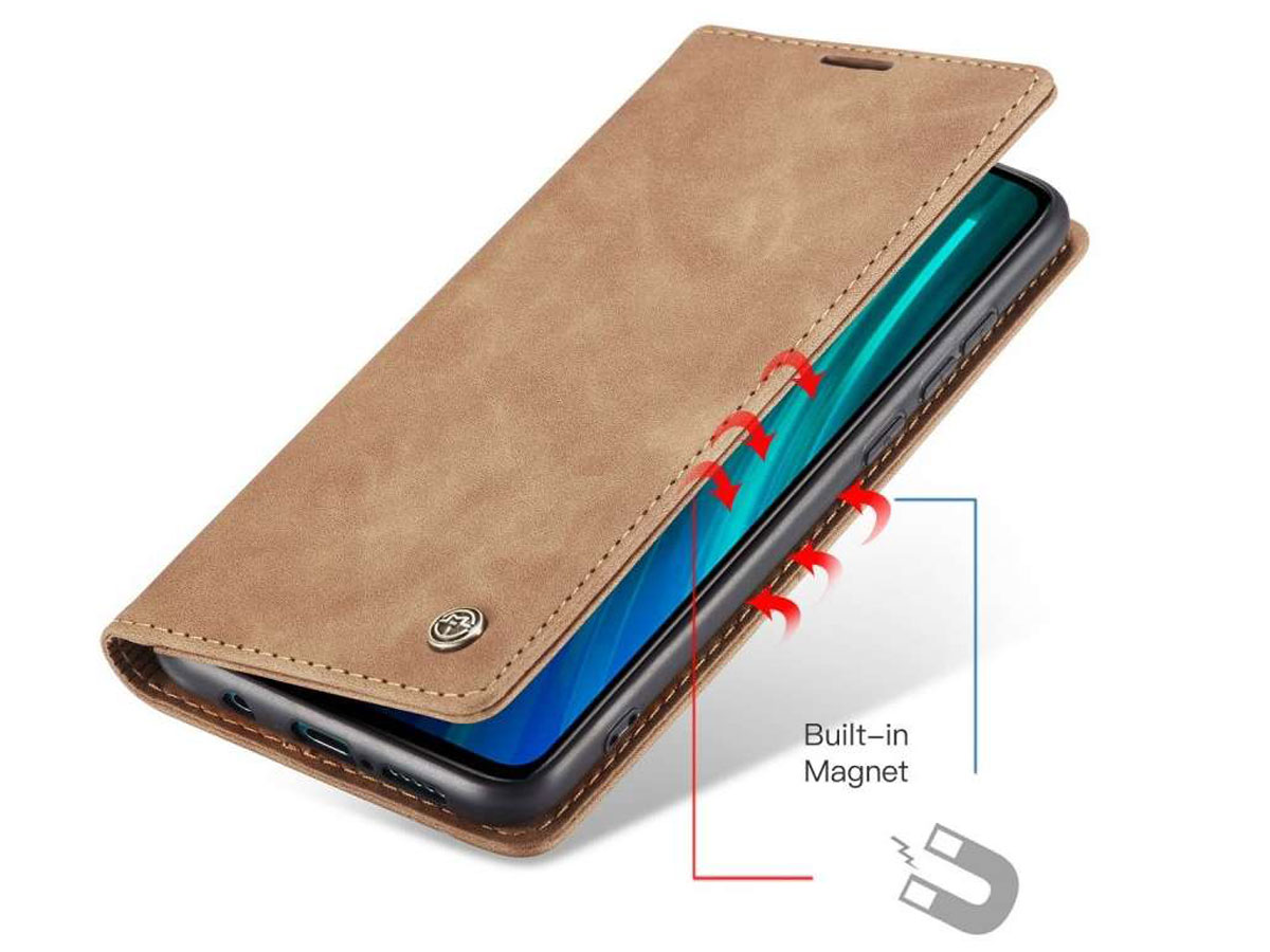 CaseMe Vintage BookCase Tan - Xiaomi Redmi Note 8 Pro hoesje