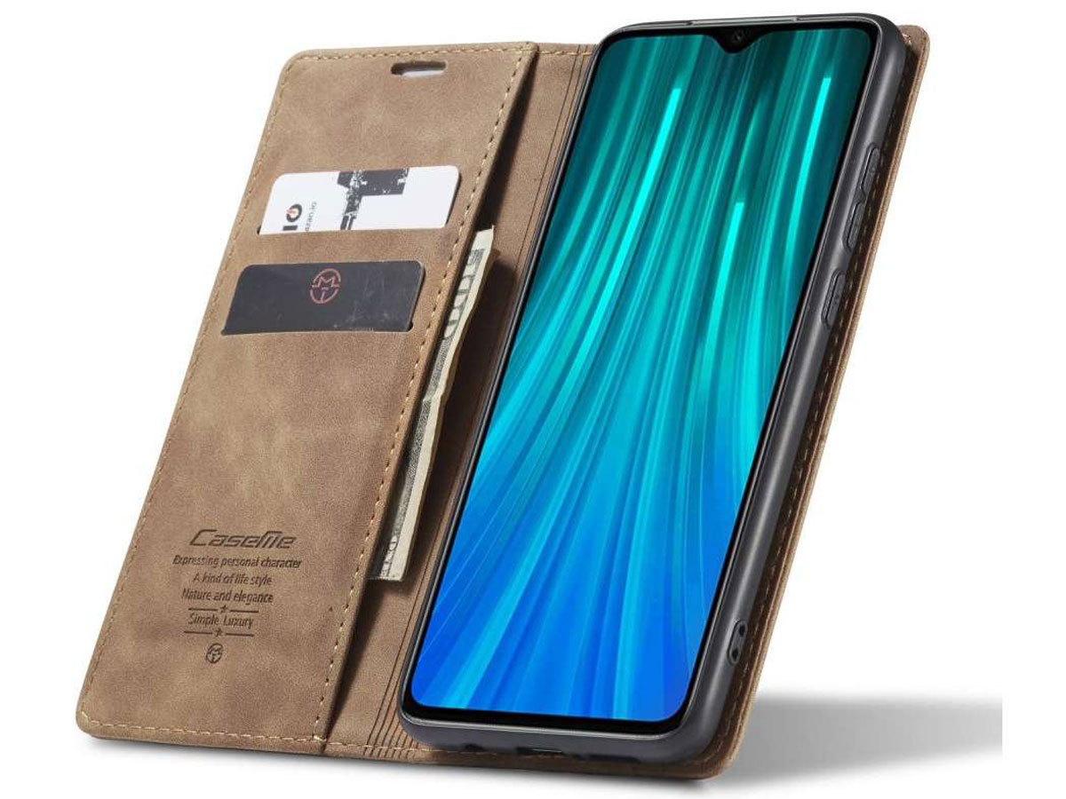 CaseMe Vintage BookCase Tan - Xiaomi Redmi Note 8 Pro hoesje