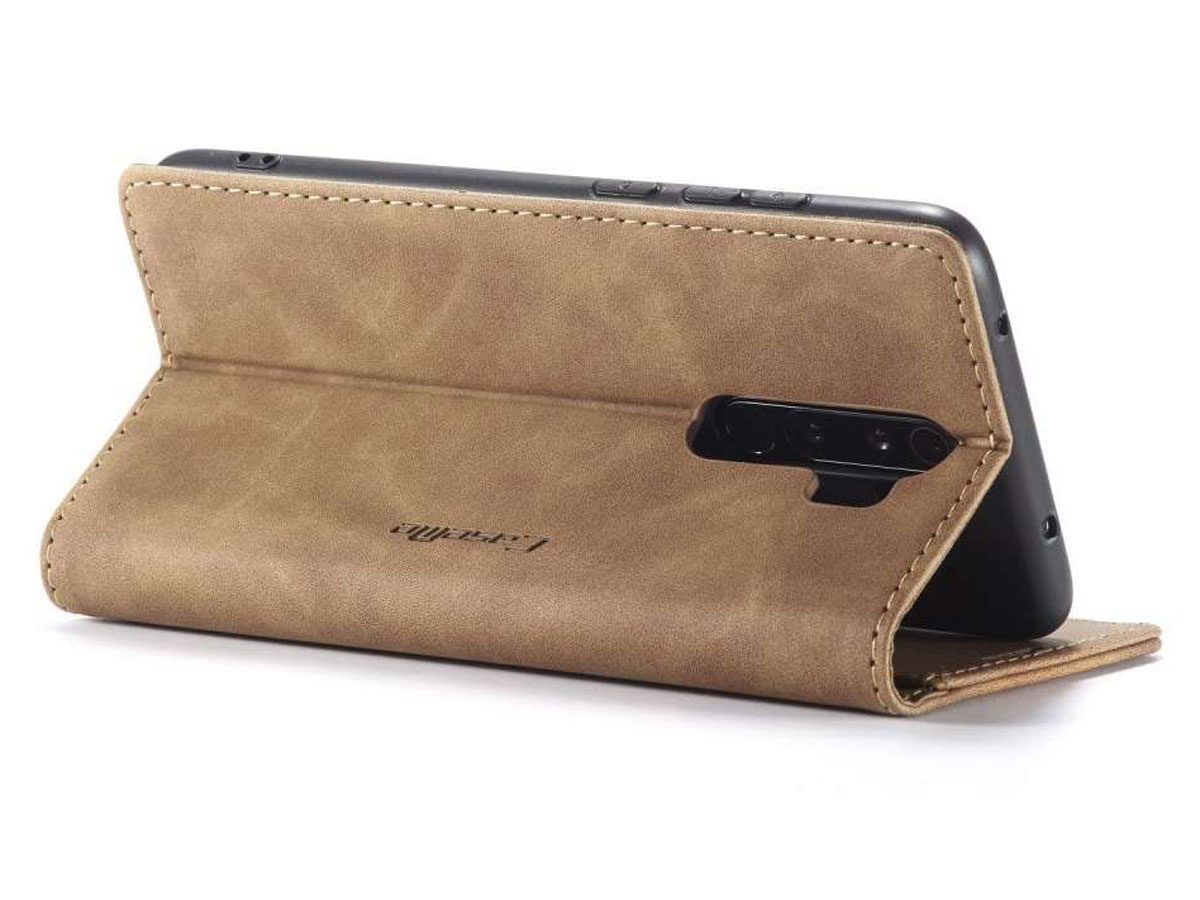 CaseMe Vintage BookCase Tan - Xiaomi Redmi Note 8 Pro hoesje