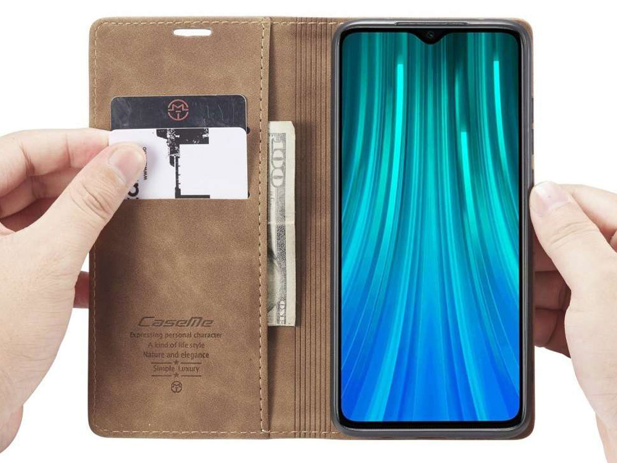 CaseMe Vintage BookCase Tan - Xiaomi Redmi Note 8 Pro hoesje