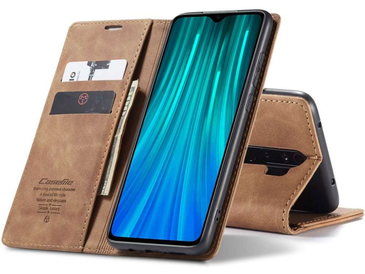 CaseMe Vintage BookCase Tan - Xiaomi Redmi Note 8 Pro hoesje