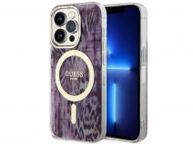 Guess Leopard MagSafe TPU Case Paars - iPhone 14 Pro Max hoesje