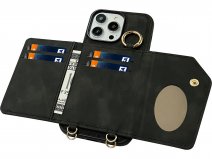 CaseMania 2in1 Koord Case met MagSafe Spiegel Wallet Zwart - iPhone 15 Pro Hoesje