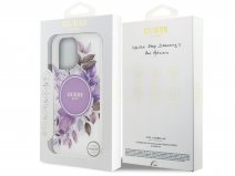 Guess Floral Magsafe Case Paars - iPhone 15 Pro Max hoesje met Polsbandje