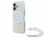 Guess Floral Wristlet Charm Case Wit - iPhone 16 Plus hoesje met Polsbandje