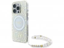 Guess Floral Wristlet Charm Case Wit - iPhone 16 Pro hoesje met Polsbandje